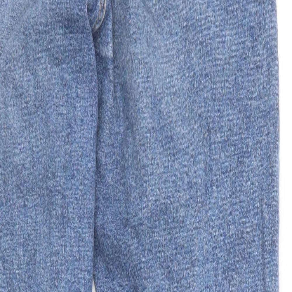 Brand and care label for Topshop women’s blue cotton skinny jeans, size UK 26, in, 30-inch leg regular zip