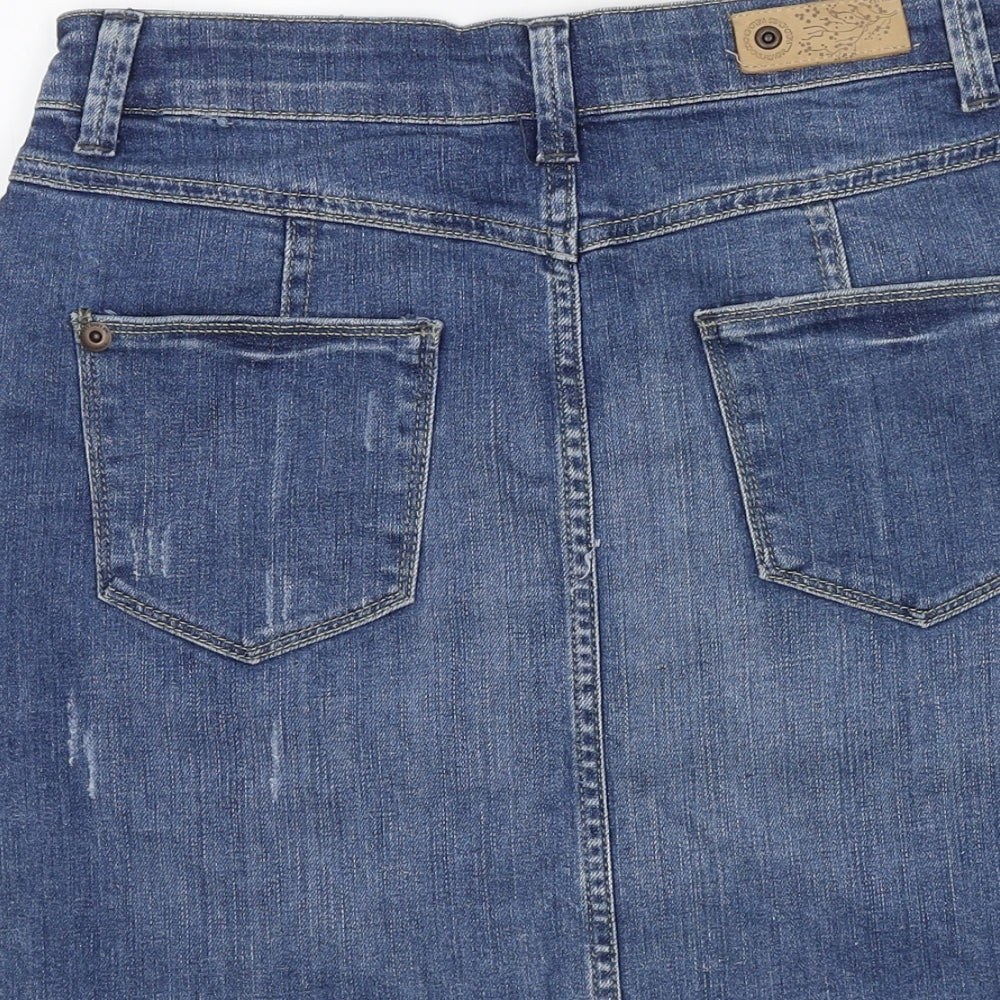 Marks and Spencer Womens Blue Cotton A-Line Skirt Size 6 Zip