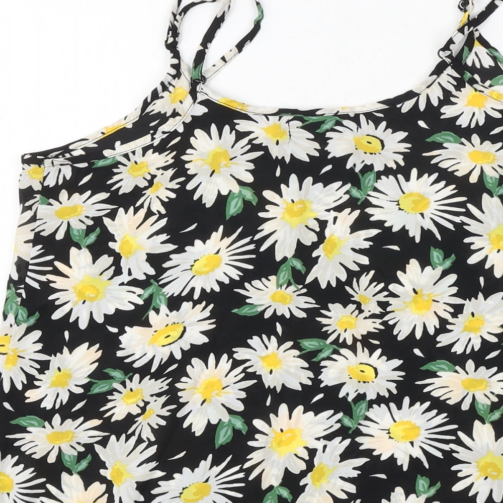 Brand and care label for Cotton On women’s black floral polyester basic tank, size S, round neck - daisy print