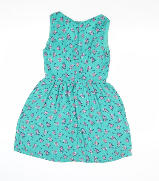 FOREVER 21 Womens Green Floral Polyester Fit & Flare Size S V-Neck Zip