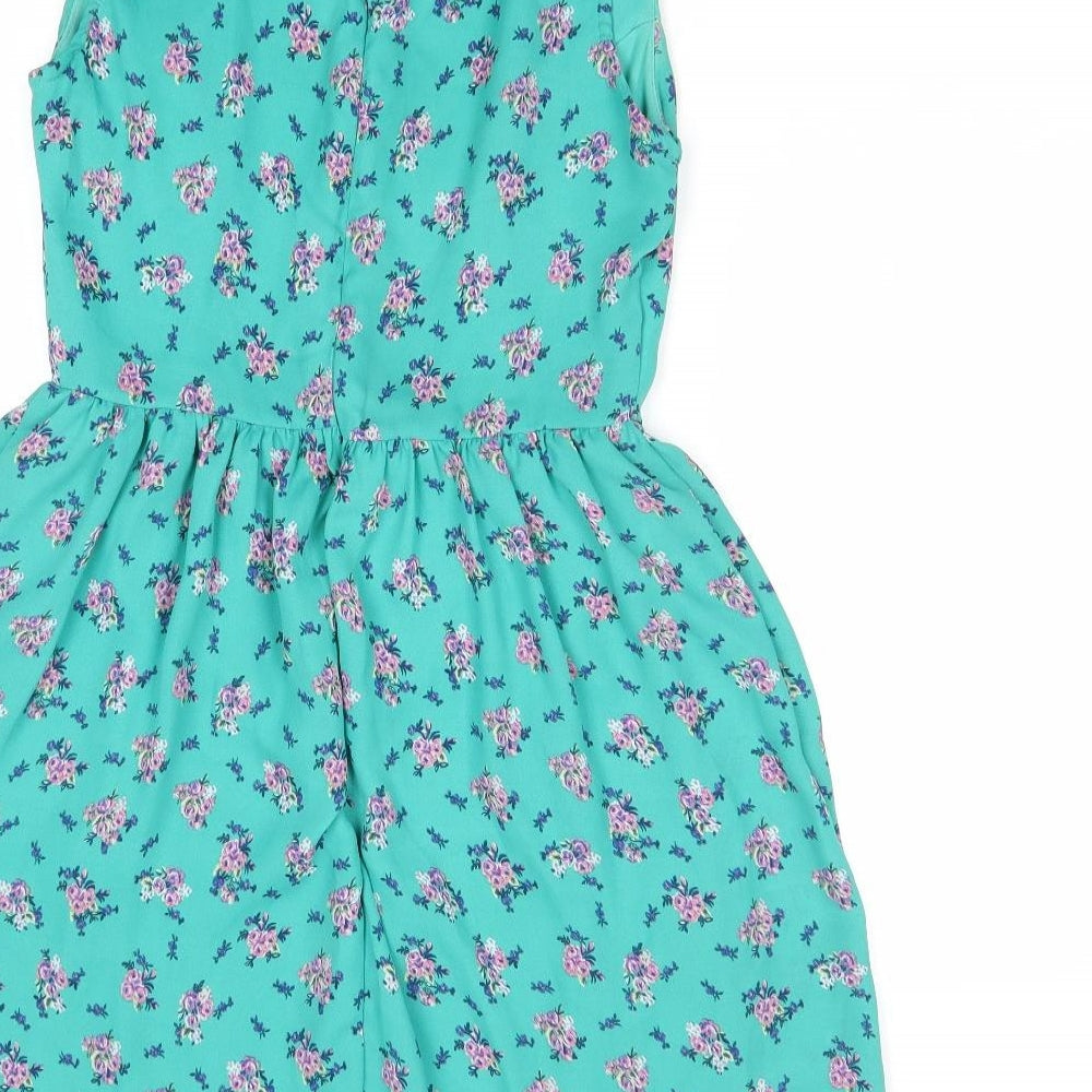 FOREVER 21 Womens Green Floral Polyester Fit & Flare Size S V-Neck Zip