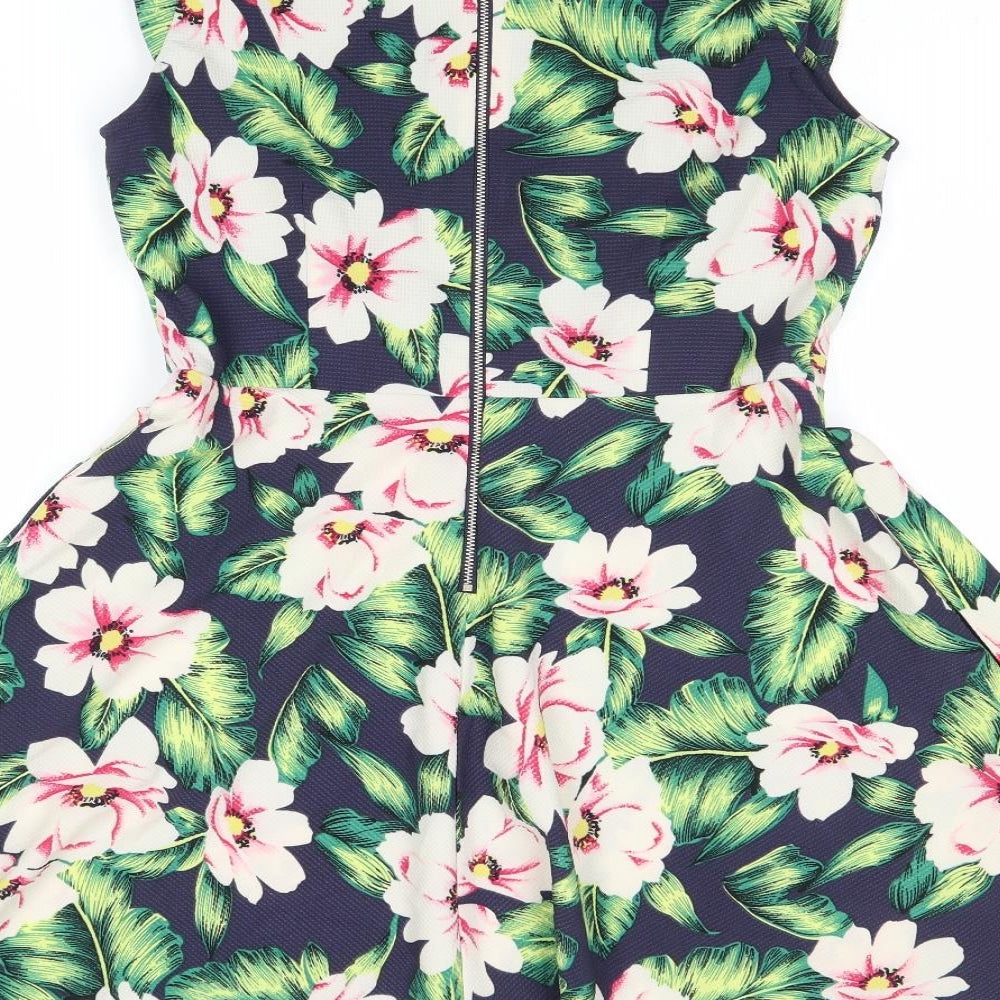 Louche Womens Multicoloured Floral Polyester Fit & Flare Size 12 V-Neck Zip