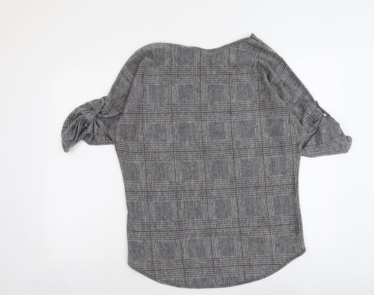 Cameo Rose Womens Grey Check Polyester Basic T-Shirt Size S Round Neck