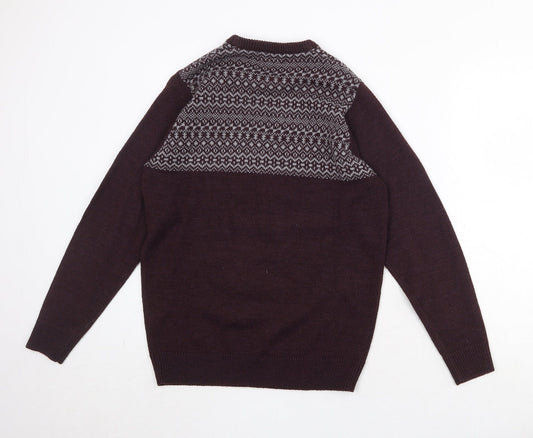 EWM Mens Purple Round Neck Geometric Acrylic Pullover Jumper Size S Long Sleeve