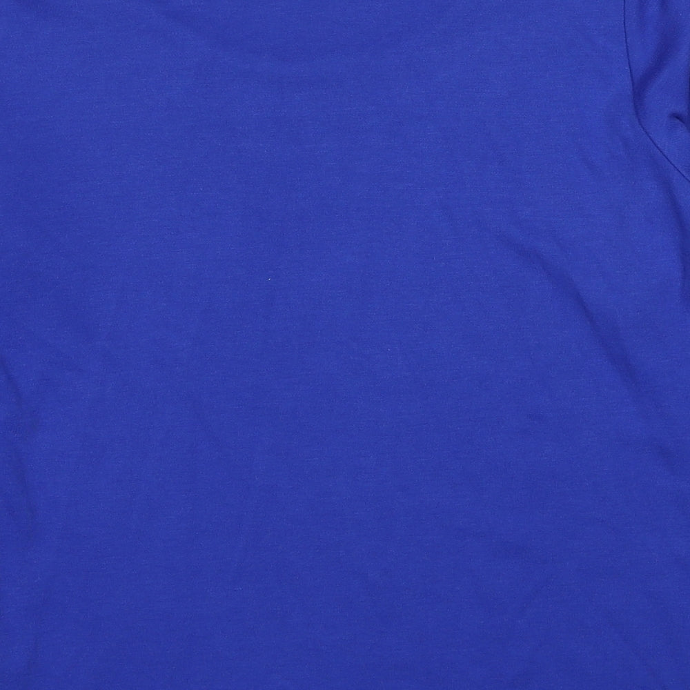 Brand and care label for First Avenue women’s blue polyester basic t-shirt, size S, scoop neck - studded