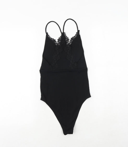Topshop Womens Black Polyester Bodysuit One-Piece Size 6 Snap - Crocheted Lace Detail