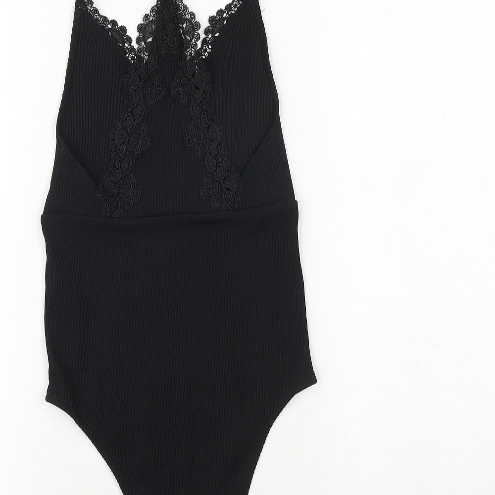Topshop Womens Black Polyester Bodysuit One-Piece Size 6 Snap - Crocheted Lace Detail