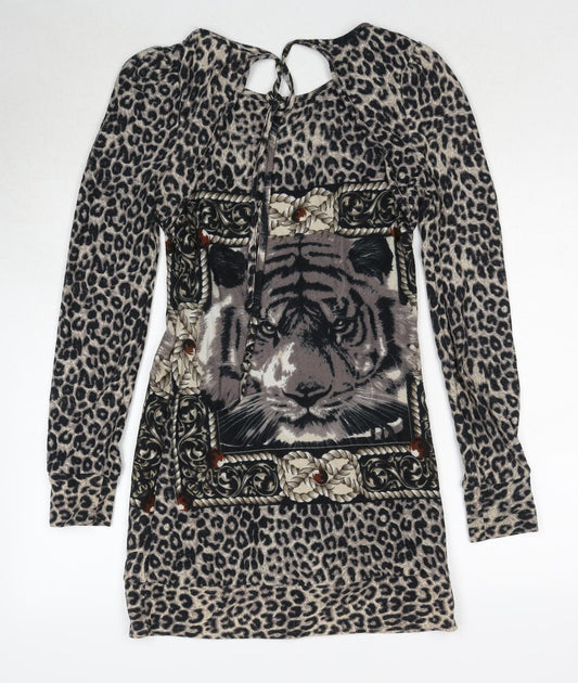 Quiz Womens Black Animal Print Polyester A-Line Size S Round Neck Pullover - Leopard Pattern Lion Print