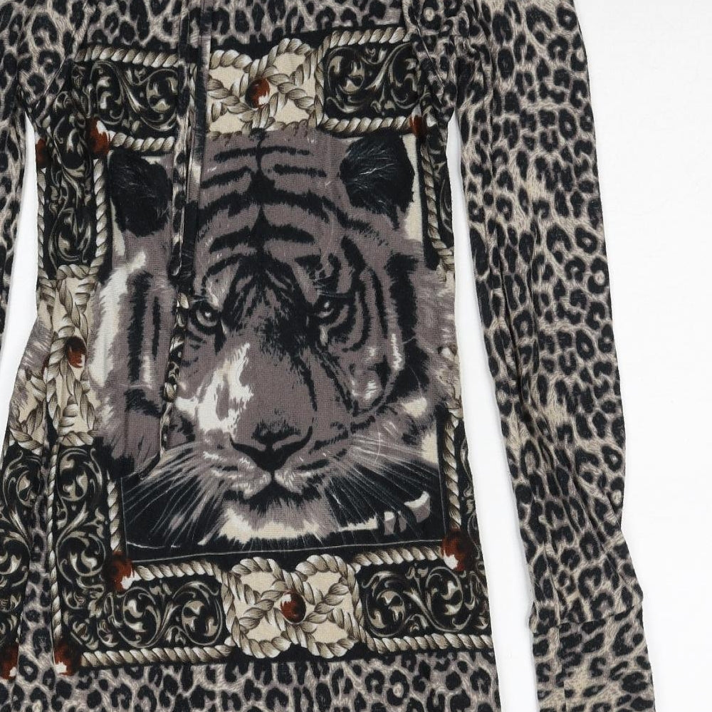 Quiz Womens Black Animal Print Polyester A-Line Size S Round Neck Pullover - Leopard Pattern Lion Print