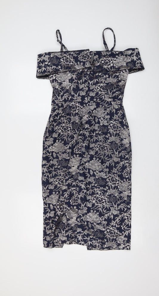 Oasis Womens Blue Floral Cotton Bodycon Size 8 Off the Shoulder Zip