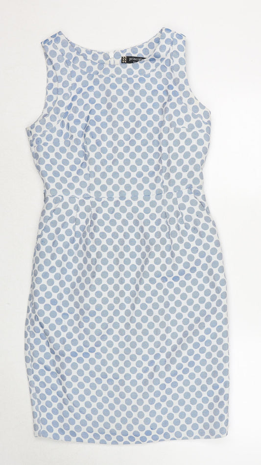Additional front view of Principles women’s blue polka dot polyester a-line, size UK 12, round neck zip
