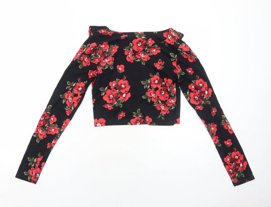 FOREVER 21 Womens Black Floral Polyester Cropped Blouse Size L V-Neck