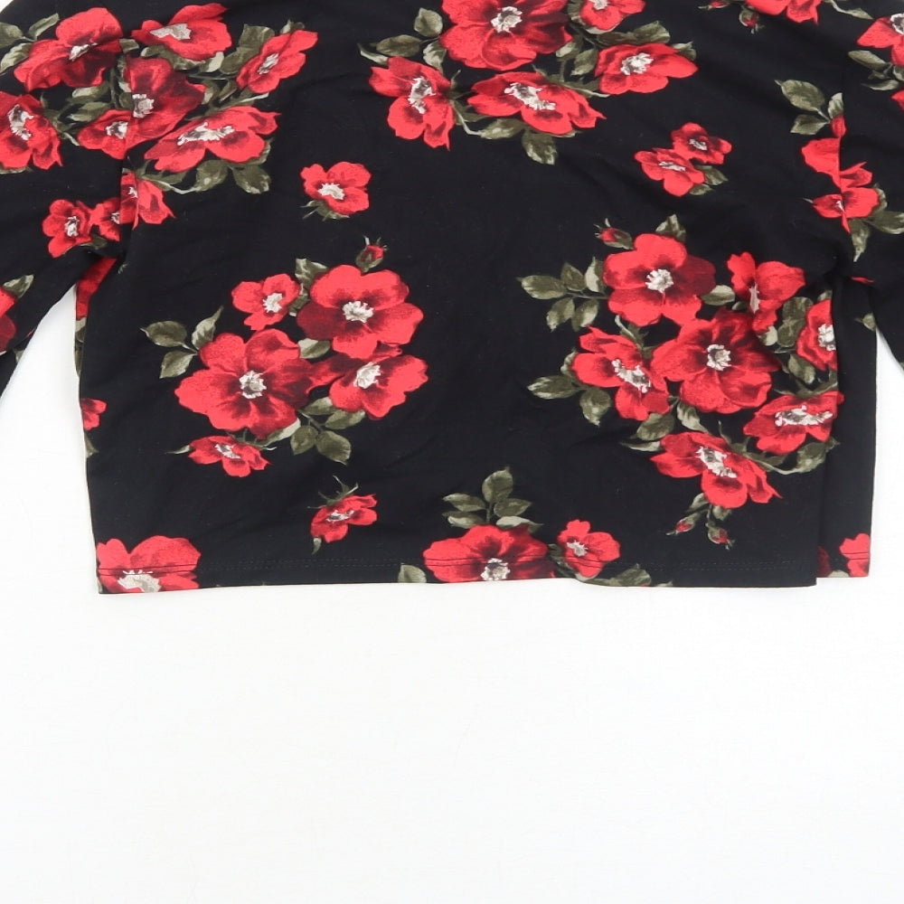 FOREVER 21 Womens Black Floral Polyester Cropped Blouse Size L V-Neck