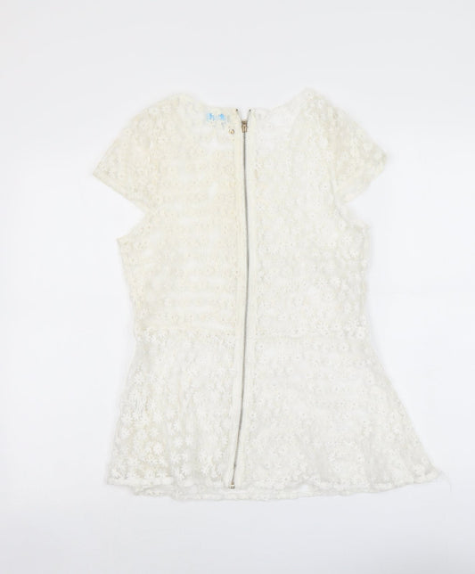 Blue Vanilla Womens Ivory Floral Polyester Basic Blouse Size L Round Neck