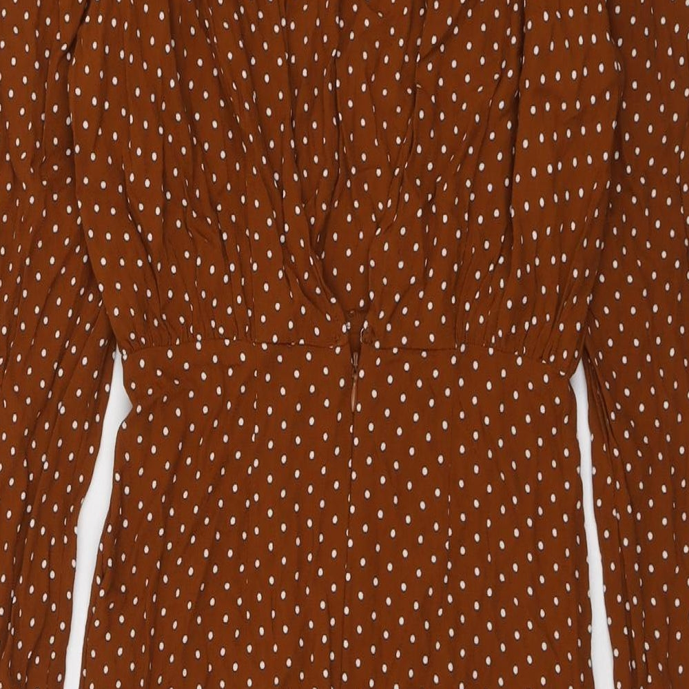 H&M Womens Brown Polka Dot Viscose A-Line Size 8 Round Neck Zip