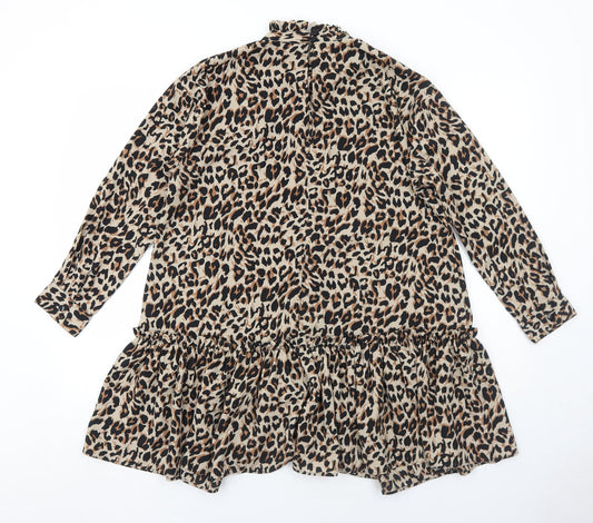 ASOS Womens Brown Animal Print Polyester Skater Dress Size 8 Round Neck Button - Leopard Pattern