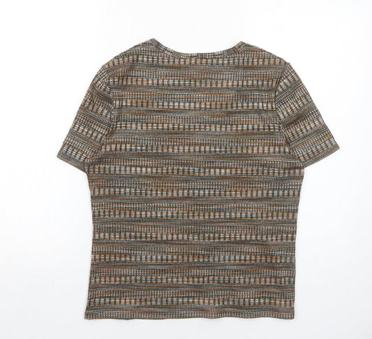 CC Womens Brown Geometric Polyester Basic T-Shirt Size L V-Neck