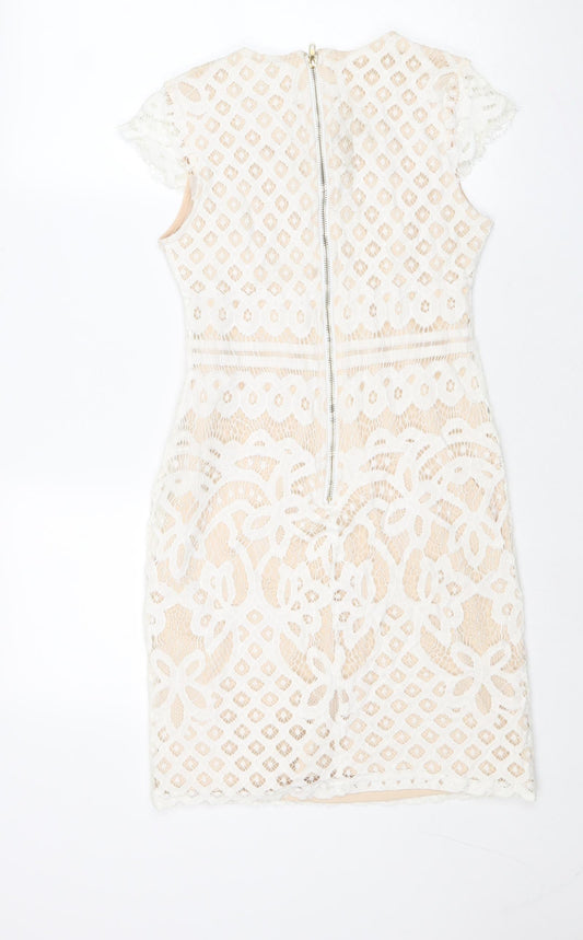 Quiz Womens White Geometric Polyester Shift Size 6 Round Neck Zip