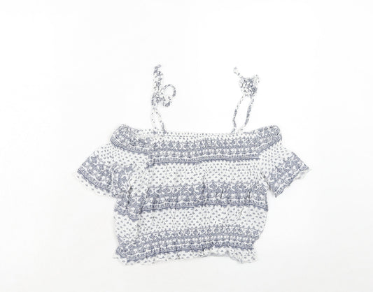 Bershka Womens Blue Geometric Viscose Cropped Blouse Size S Off the Shoulder