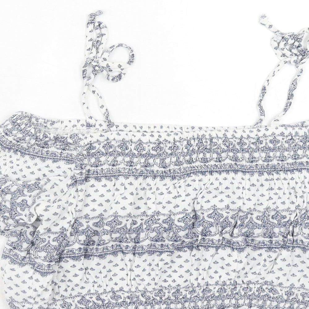 Bershka Womens Blue Geometric Viscose Cropped Blouse Size S Off the Shoulder