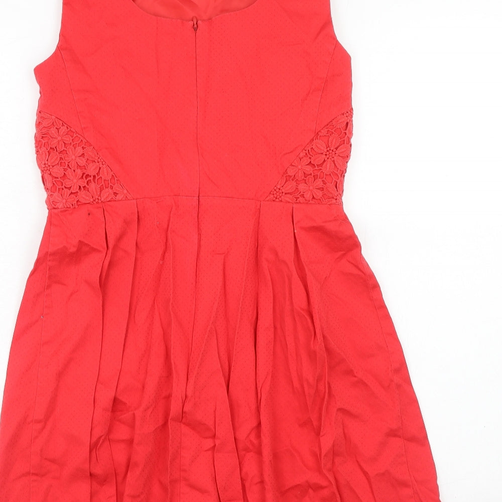 Oasis Womens Red Cotton Fit & Flare Size 10 Boat Neck Zip - Crocheted Lace Detail