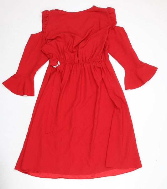 Simply Be Womens Red Polyester A-Line Size 14 V-Neck Pullover - Ruffle Cold Shoulder