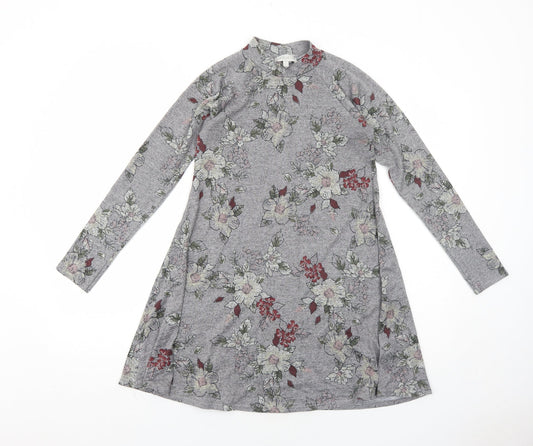 Apricot Womens Grey Floral Polyester Jumper Dress Size 8 Round Neck Pullover