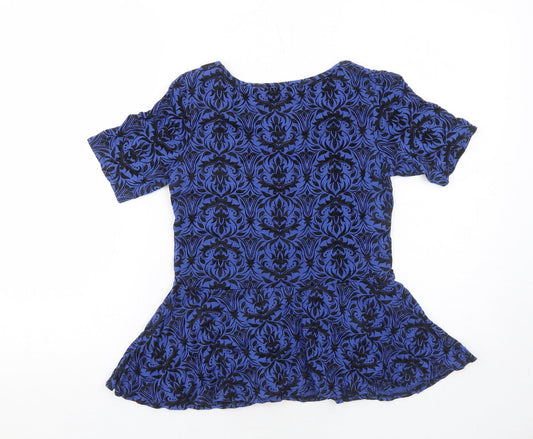 CMD Womens Blue Geometric Viscose Basic T-Shirt Size 10 Round Neck