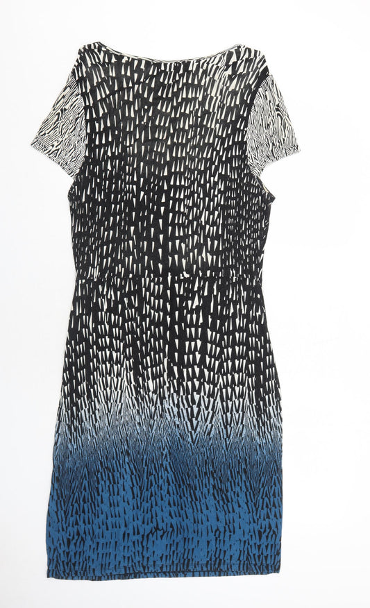 Uttam Boutique Womens Black Geometric Viscose Shift Size 14 V-Neck Pullover