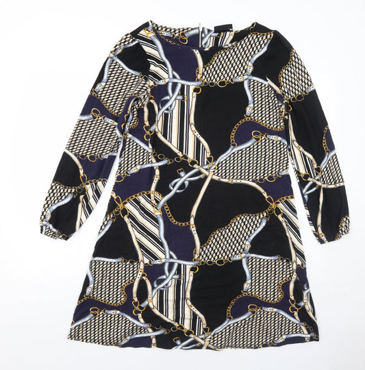 Additional front view of Wallis women’s black geometric viscose shift, size UK 10, round neck zip