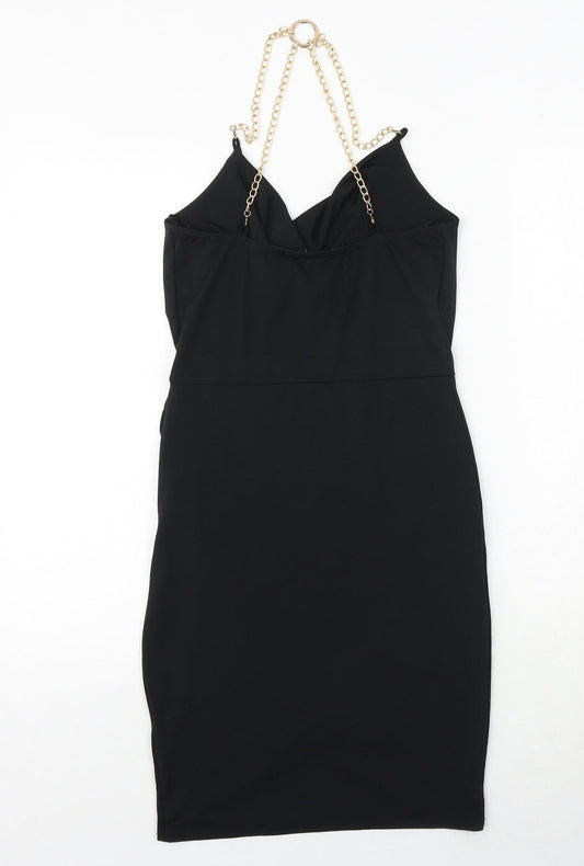 Quiz Womens Black Polyester Bodycon Size 8 Cowl Neck Pullover - Chain Strap