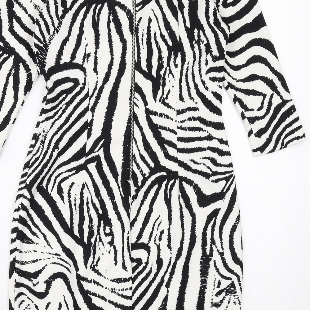 Zara Womens White Geometric Polyester Bodycon Size S Boat Neck Zip