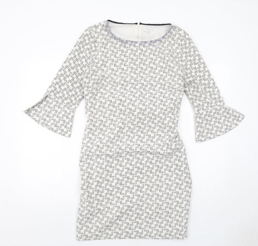 Additional front view of Linea women’s white geometric polyester pencil dress, size UK 12, boat neck zip - flute sleeve