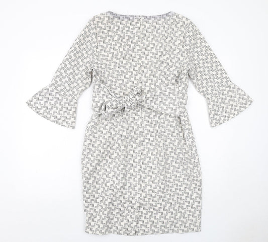 Linea Womens White Geometric Polyester Pencil Dress Size 12 Boat Neck Zip - Flute Sleeve