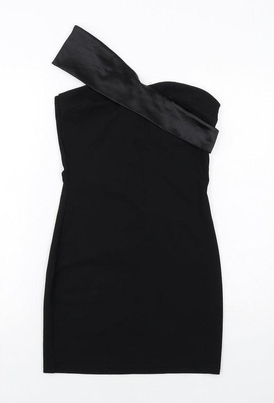 Additional front view of In the Style women’s black polyester bodycon, size UK 8, one shoulder zip