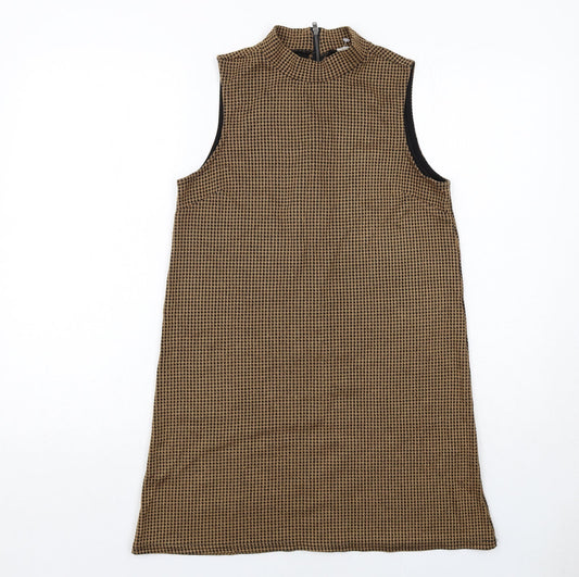 Additional front view of Cooperative women’s brown geometric acrylic a-line, size XS, mock neck zip