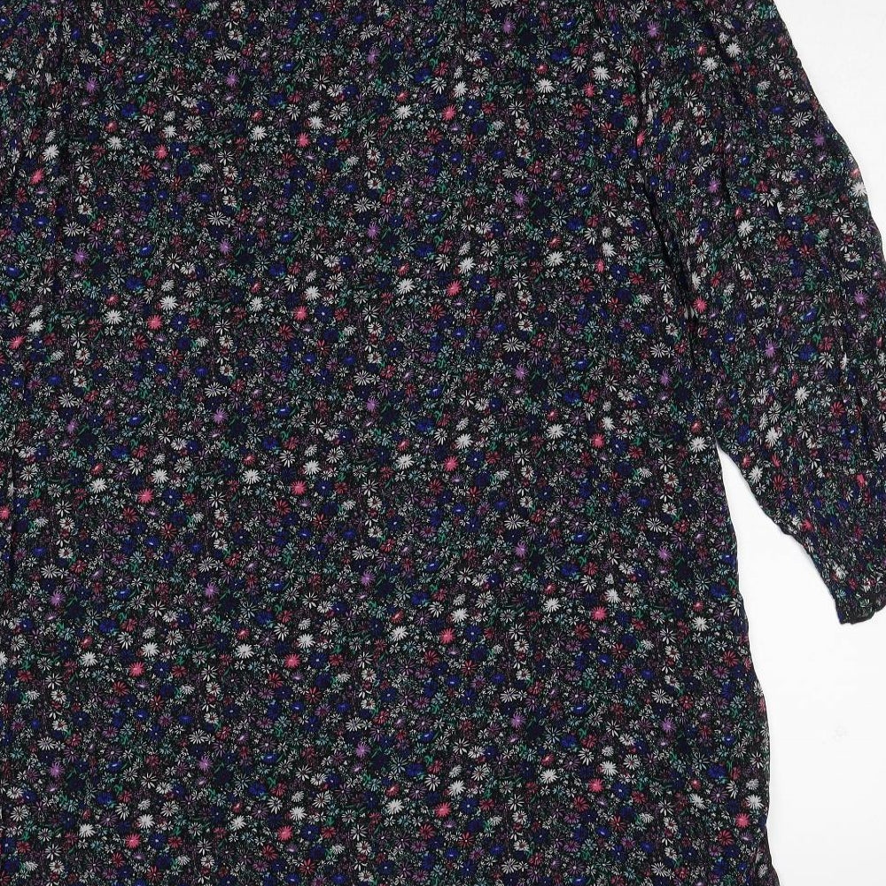 Marks and Spencer Womens Black Floral Viscose A-Line Size 8 Mock Neck Button