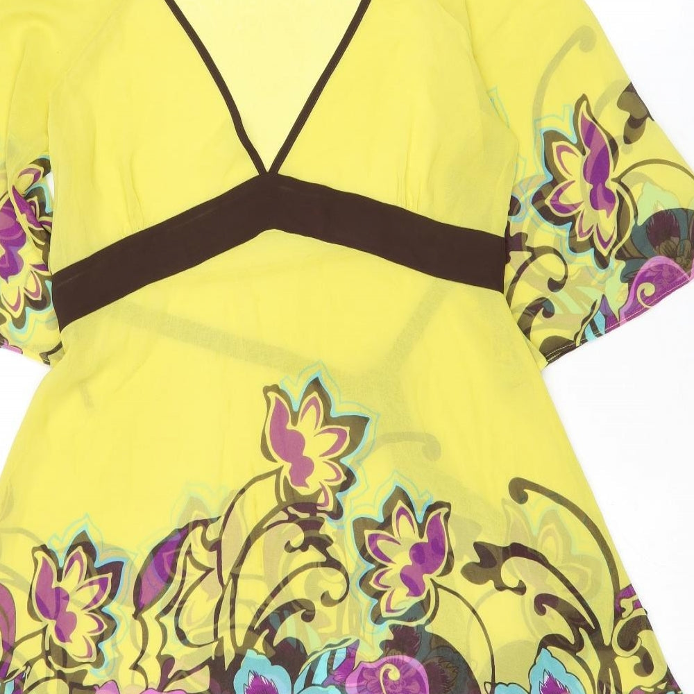 NEXT Womens Yellow Floral Polyester A-Line Size 8 V-Neck Pullover