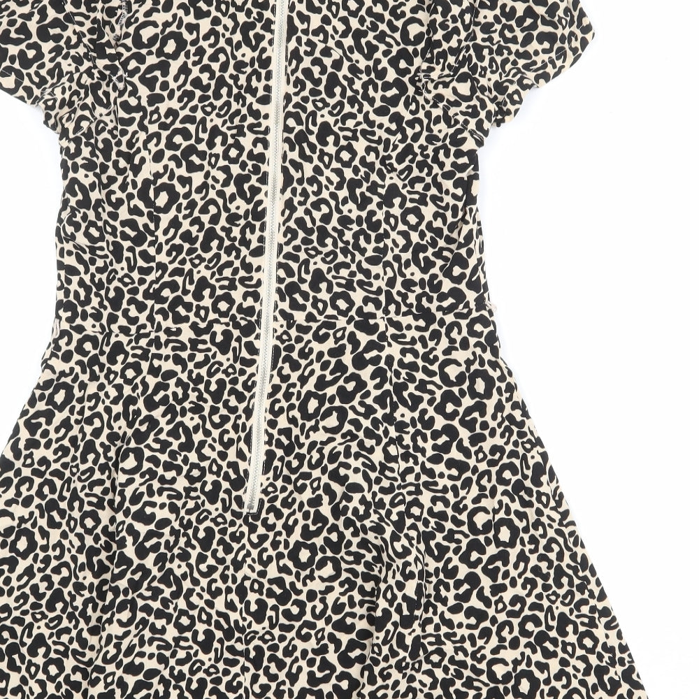 Oasis Womens Beige Animal Print Viscose Skater Dress Size 10 Round Neck Zip - Leopard Pattern