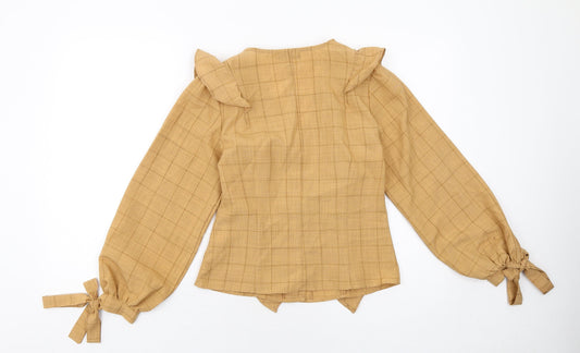 Boohoo Womens Beige Check Polyester Basic Button-Up Size 6 V-Neck