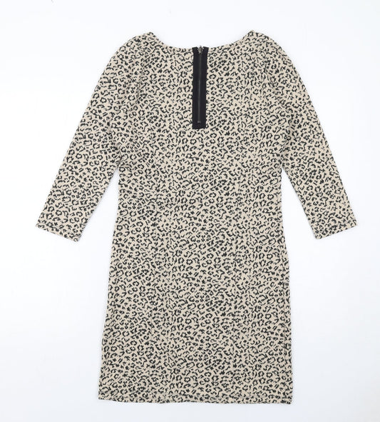 Soaked in Luxury Womens Beige Animal Print Polyester Sheath Size S Boat Neck Zip - Leopard Print