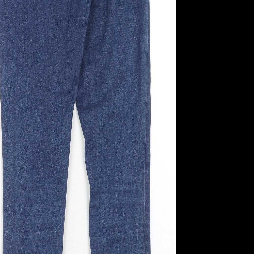 Brand and care label for ASOS women’s blue cotton skinny jeans, size UK 28, in, 32-inch leg regular zip