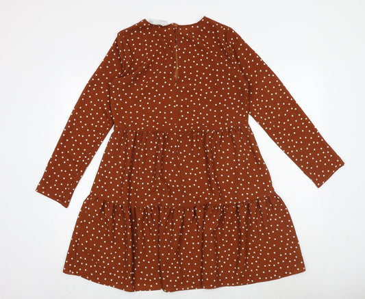 ASOS Womens Brown Polka Dot Polyester Skater Dress Size 8 Round Neck Button