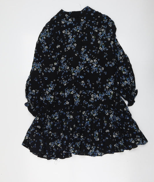 Dorothy Perkins Womens Black Floral Viscose Skater Dress Size 8 Round Neck Pullover