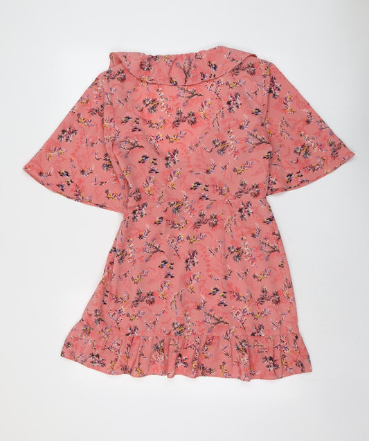 Topshop Womens Pink Floral Polyester Skater Dress Size 10 V-Neck Button