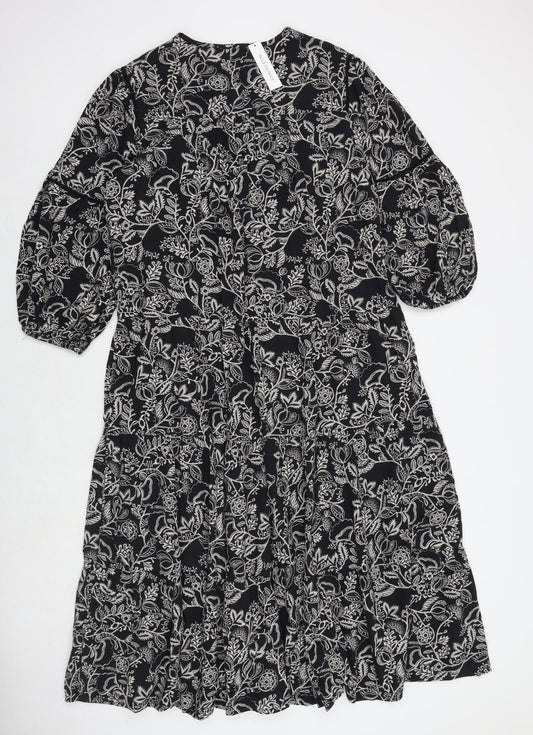 Accessorize Womens Black Floral Polyester A-Line Size M V-Neck Pullover