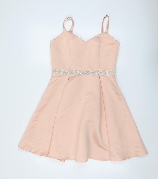 Girls On Film Womens Pink Polyester Slip Dress Size 12 V-Neck Zip - Embellished Waist