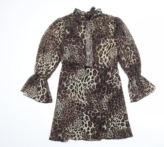 Missguided Womens Brown Animal Print Polyester A-Line Size 8 Mock Neck Tie - Leopard Print