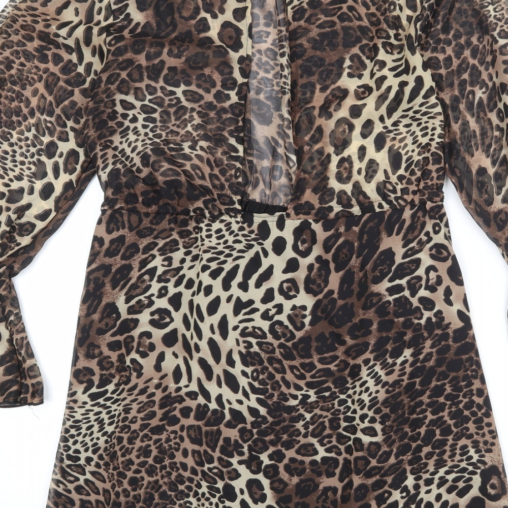 Missguided Womens Brown Animal Print Polyester A-Line Size 8 Mock Neck Tie - Leopard Print