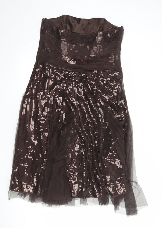 Monsoon Womens Brown Polyester A-Line Size 14 Square Neck Zip - Strapless